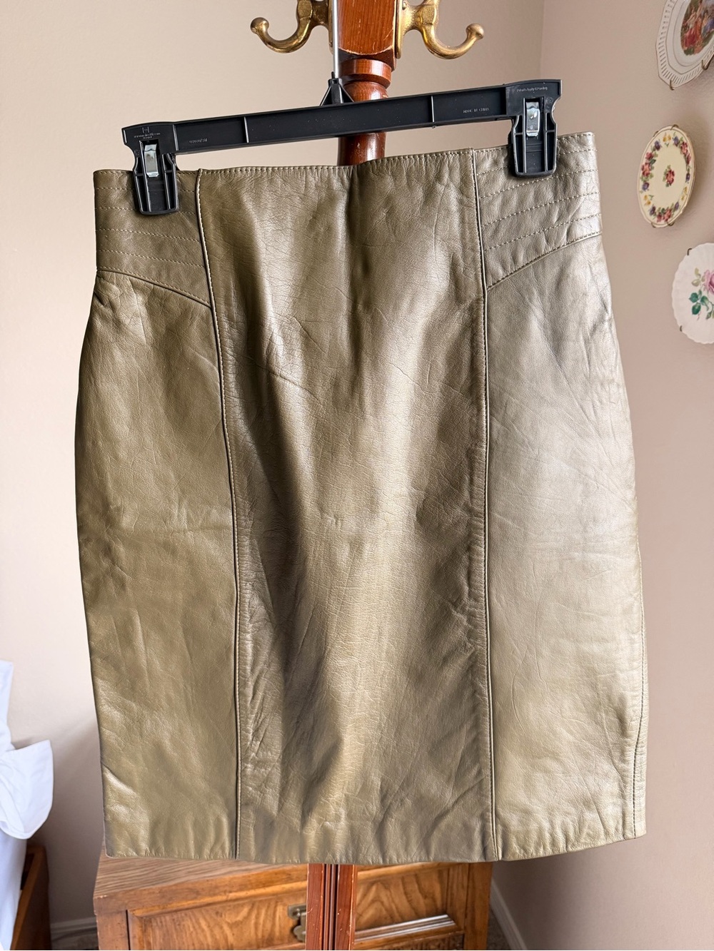 VTG Perspective Olive Green Genuine Leather Pencil Skirt Paneled Size